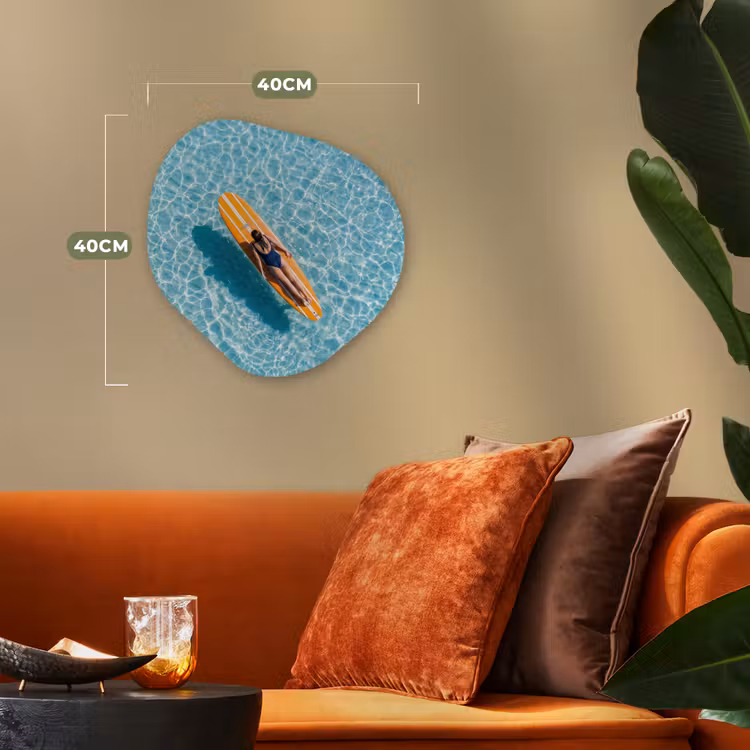 Surfboard - Water - Badpak - Oranje Wandcirkel Organisch Forex 3mm klein -sfeer3