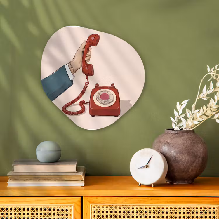 Telefoon - Hand - Vintage - Communicatie - Rood Wandcirkel Organisch Forex 3mm klein -sfeer2