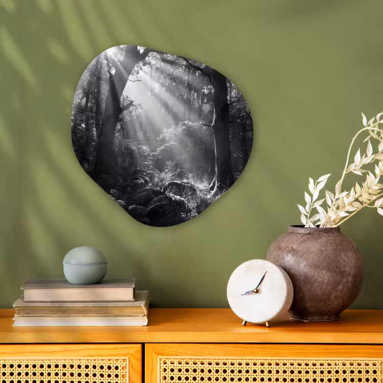 Bos - Lichtstralen - Natuur - Zwart-wit Wandcirkel Organisch Forex 3mm klein -sfeer2