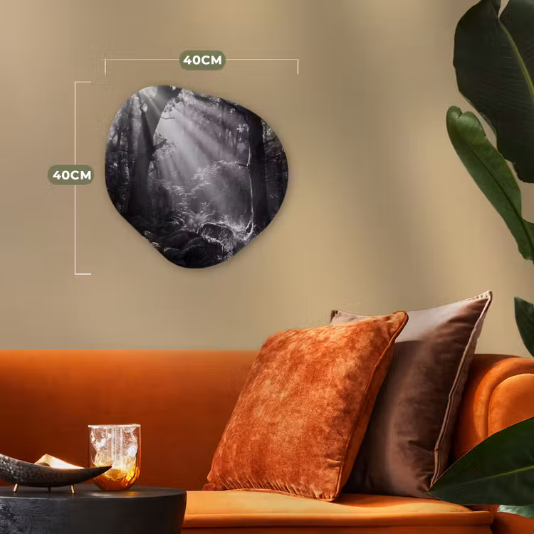Bos - Lichtstralen - Natuur - Zwart-wit Wandcirkel Organisch Forex 3mm klein -sfeer3