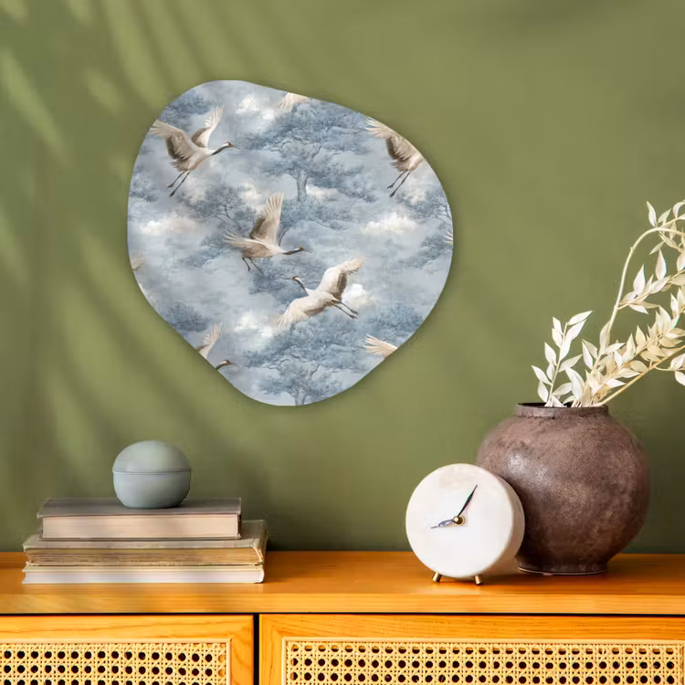 Wolken - Kraanvogels - Blauw Wandcirkel Organisch Forex 3mm klein 629 -sfeer2