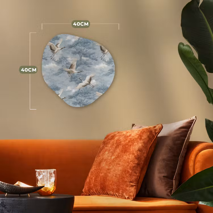 Wolken - Kraanvogels - Blauw Wandcirkel Organisch Forex 3mm klein 629 -sfeer3
