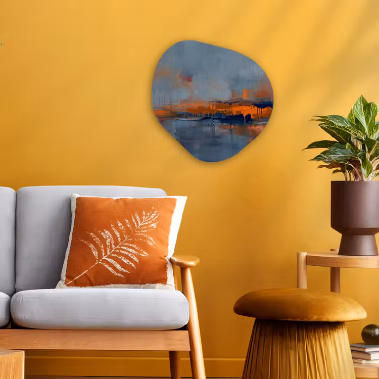 Abstract - Kleuren - Modern - Oranje - Grijs Wandcirkel Organisch Forex 3mm klein -sfeer4