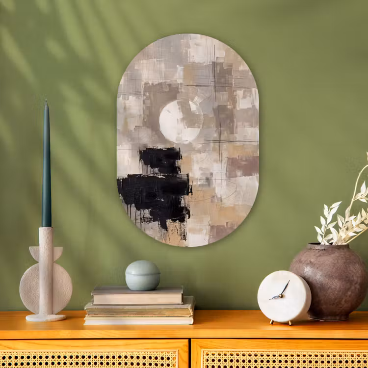 Abstract - Cirkel - Modern - Beige - Zwart - Minimalistisch Wandcirkel Ovaal Forex klein -sfeer2