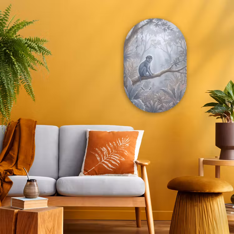 Aap - Boom - Jungle - Natuur - Grijs Wandcirkel Ovaal Forex klein -sfeer4