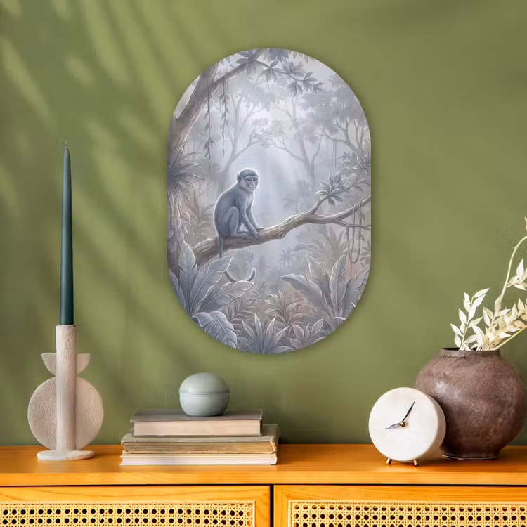 Aap - Boom - Jungle - Natuur - Grijs Wandcirkel Ovaal Forex klein -sfeer2