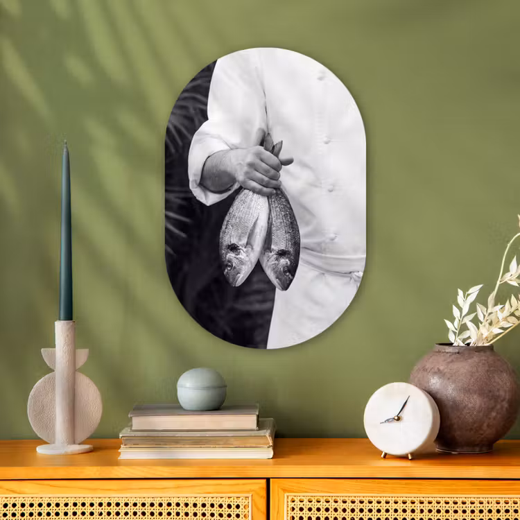 Vissen - Chef - Zwart - Wit Wandcirkel Ovaal Forex klein -sfeer2