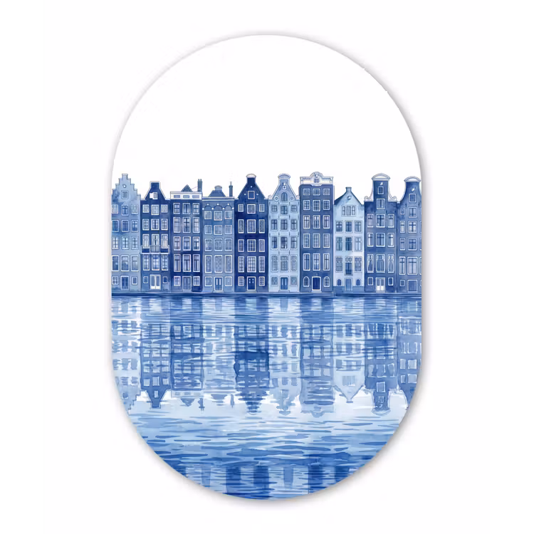 Aquarel - Grachtenpanden - Delfts - Blauw Wandcirkel Ovaal Forex klein -3d