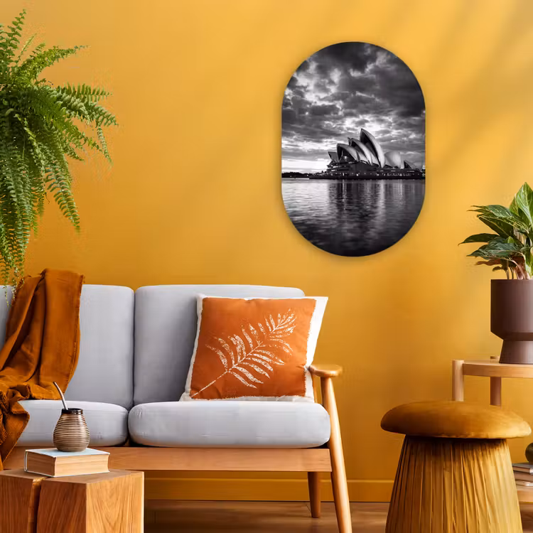 Architectuur - Water - Stad - Modern - Zwart-wit Wandcirkel Ovaal Forex klein -sfeer4