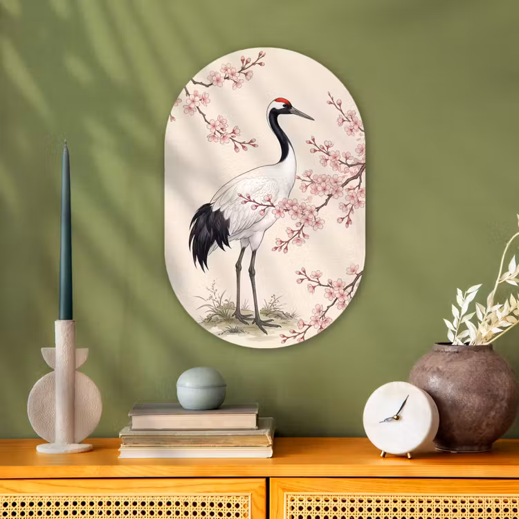 Aziatisch - Kraanvogel - Beige Wandcirkel Ovaal Forex klein -sfeer2