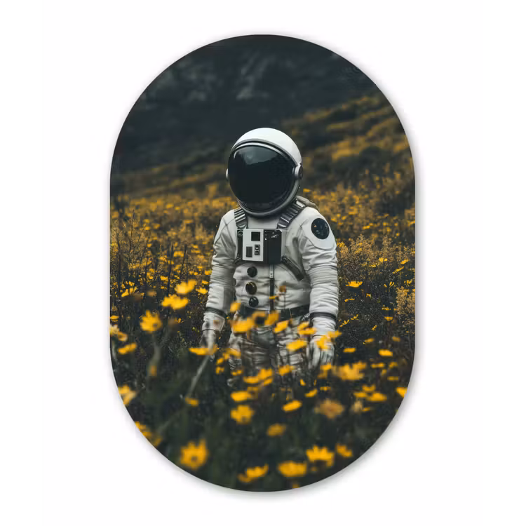 Astronaut - Bloemen - Veld - Geel Wandcirkel Ovaal Forex klein -3d