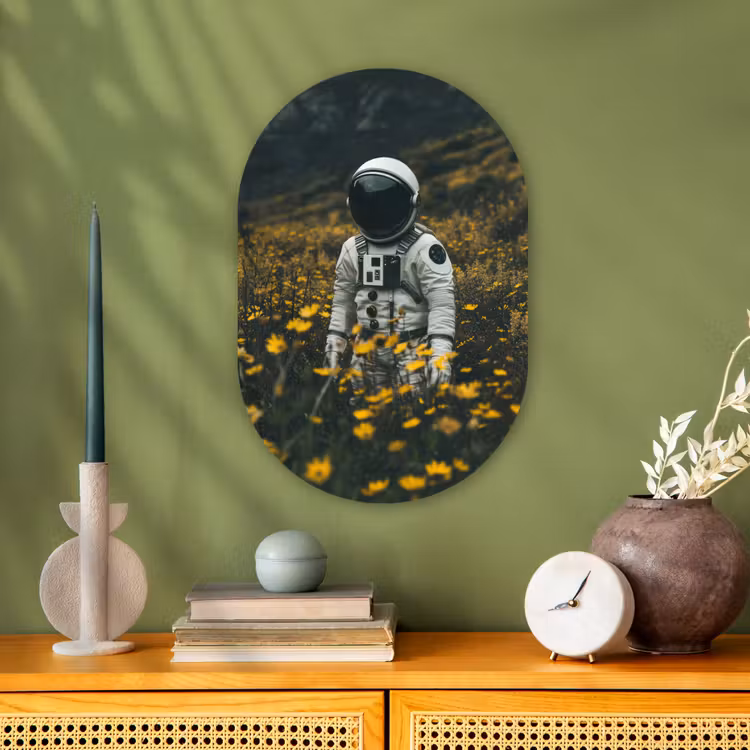 Astronaut - Bloemen - Veld - Geel Wandcirkel Ovaal Forex klein -sfeer2