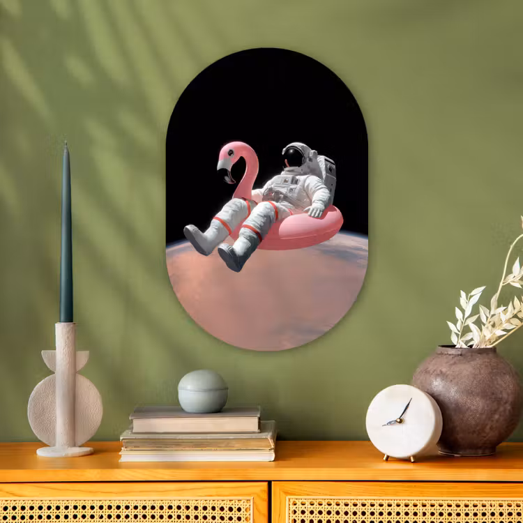 Astronaut - Flamingo - Zwemband - Roze Wandcirkel Ovaal Forex klein -sfeer2