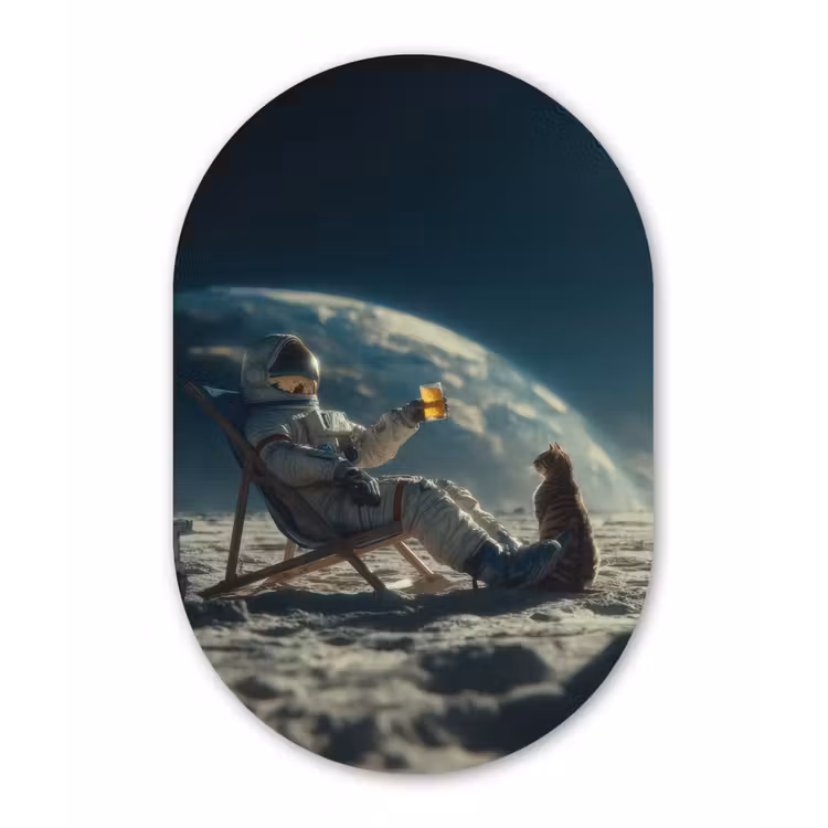 Astronaut - Kat - Glas - Stoel Wandcirkel Ovaal Forex klein -3d