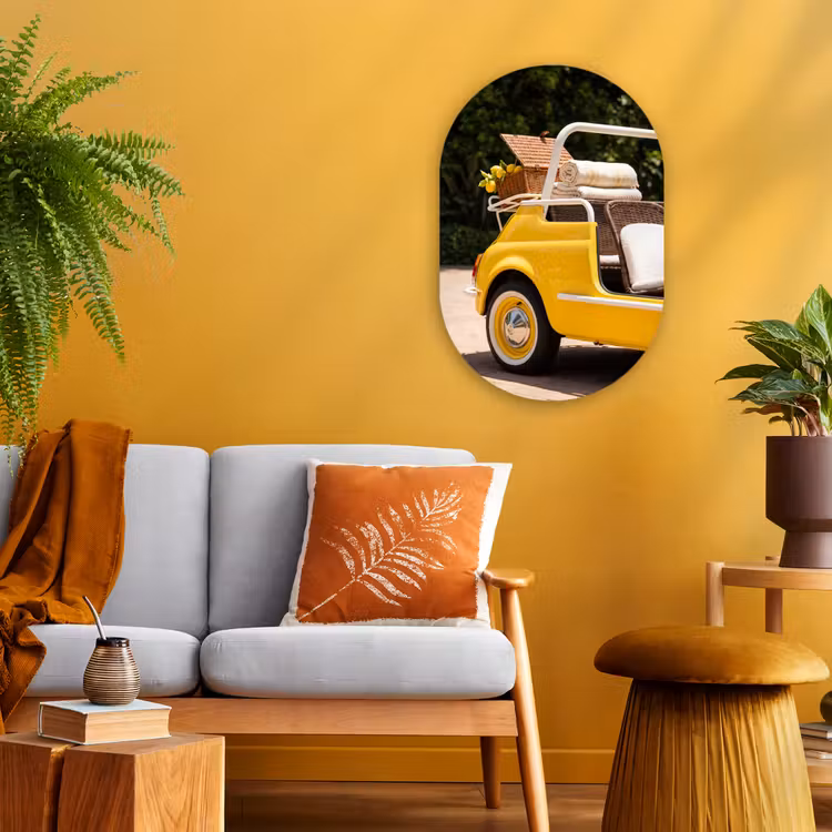 Auto - Picknick - Zomer - Geel Wandcirkel Ovaal Forex klein -sfeer4