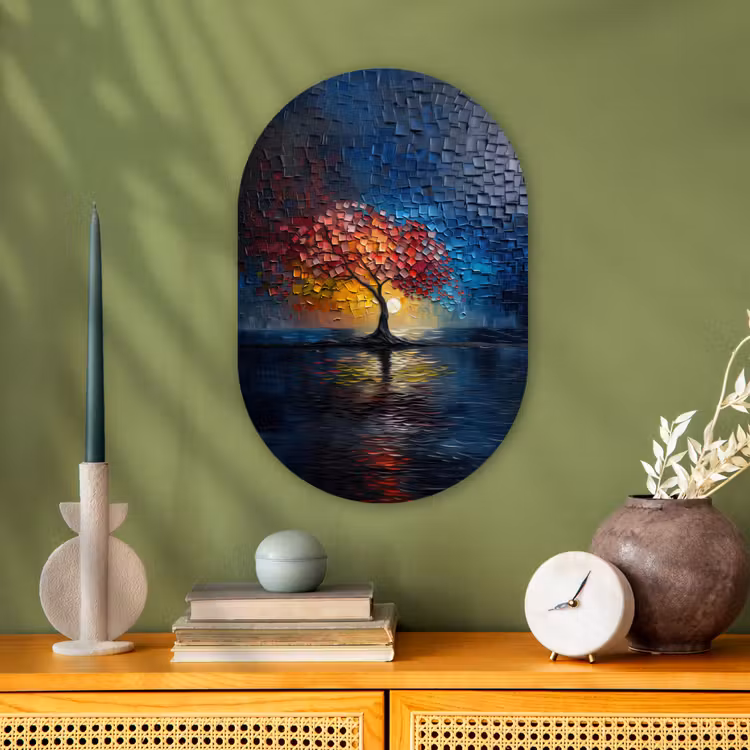 Boom - Blauw - Bladeren - Vakken Wandcirkel Ovaal Forex klein -sfeer2