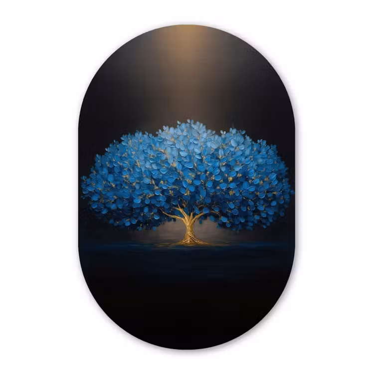 Boom - Blauw - Bladeren - Penseelstreken Wandcirkel Ovaal Forex klein -3d