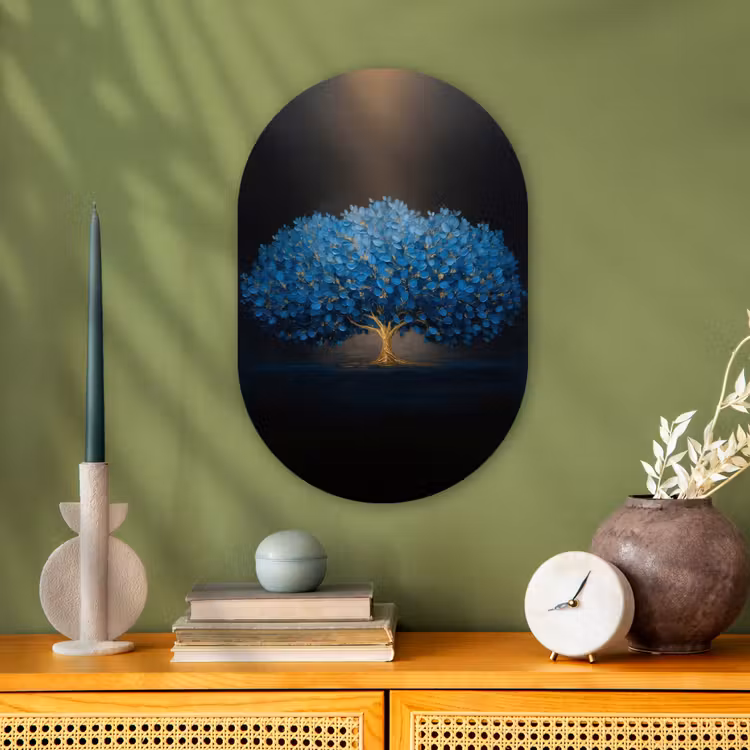 Boom - Blauw - Bladeren - Penseelstreken Wandcirkel Ovaal Forex klein -sfeer2