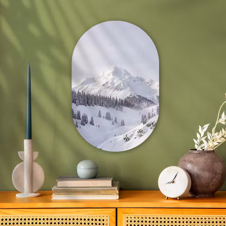 Berg - Sneeuw - Winter - Natuur - Wit Wandcirkel Ovaal Forex klein -sfeer2