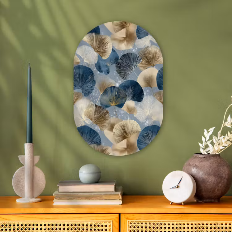 Bladeren - Abstract - Goud - Blauw Wandcirkel Ovaal Forex klein -sfeer2