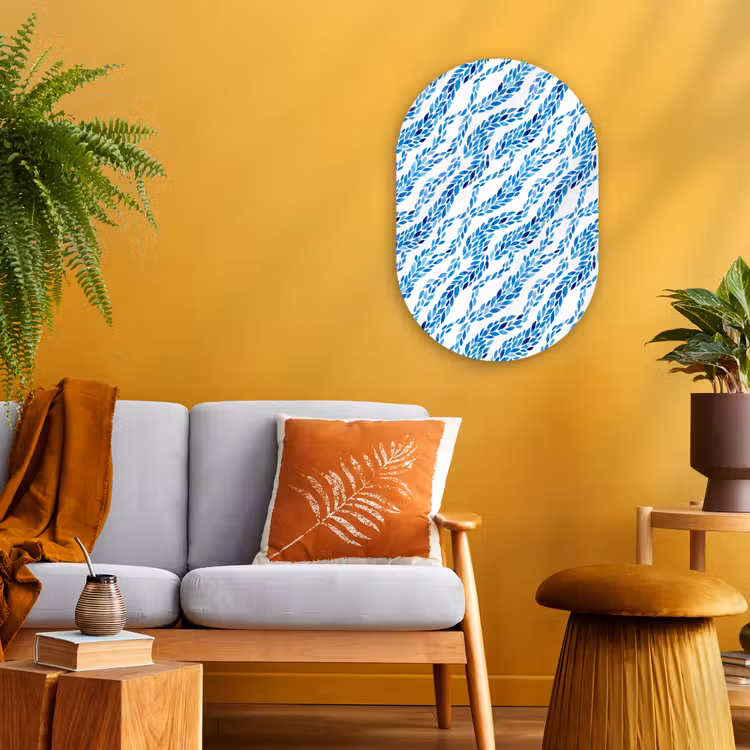 Bladeren - Aquarel - Patroon - Modern - Blauw Wandcirkel Ovaal Forex klein -sfeer4