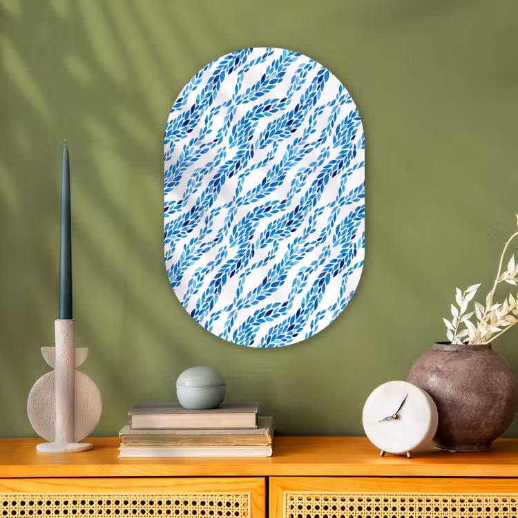 Bladeren - Aquarel - Patroon - Modern - Blauw Wandcirkel Ovaal Forex klein -sfeer2