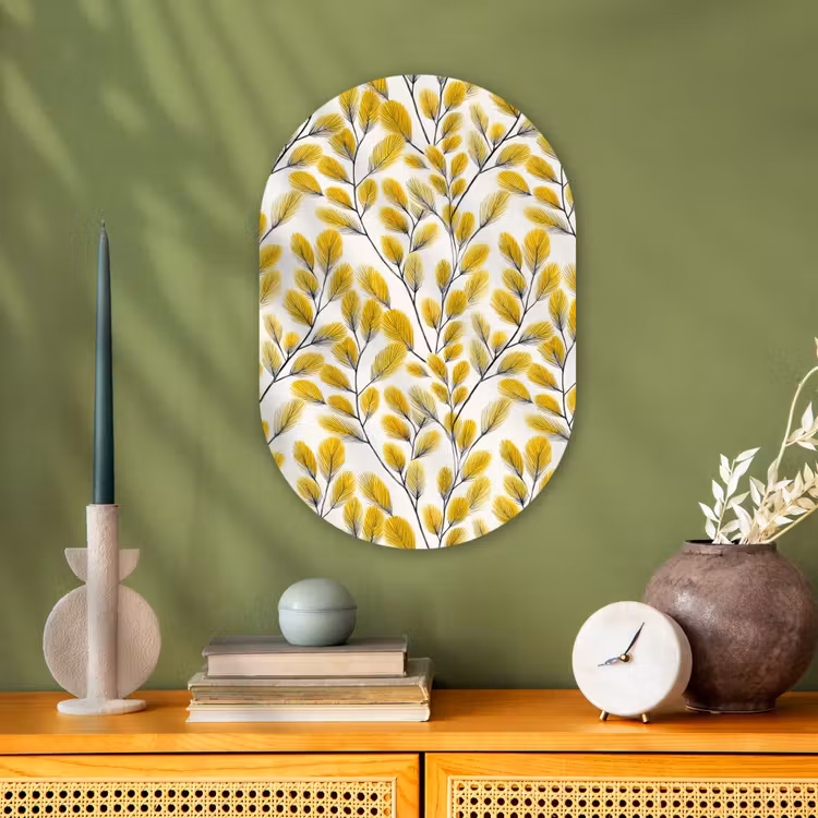 Bladeren - Botanisch - Elegant - Geel - Zwart Wandcirkel Ovaal Forex klein 630 -sfeer2