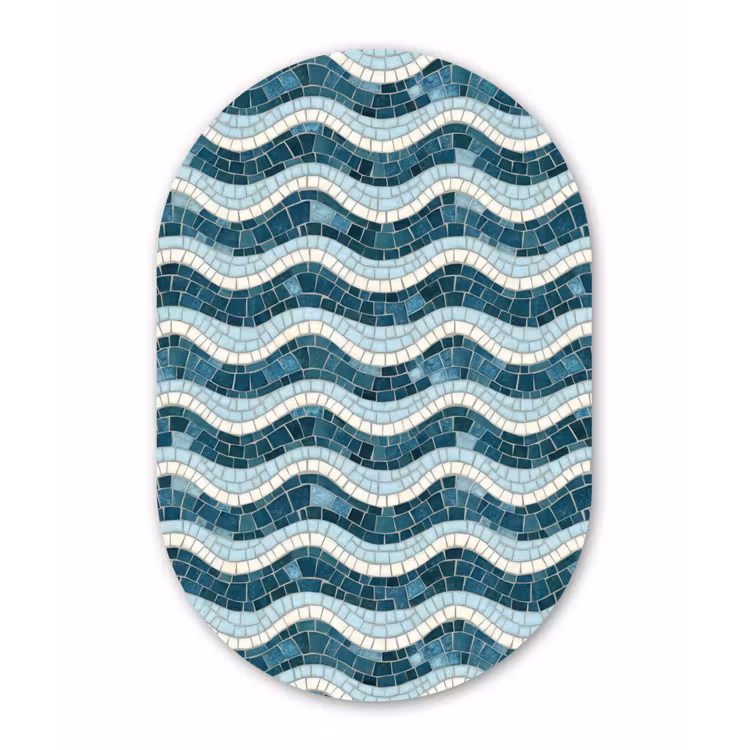 Blauw - Wit - Mozaïek - Golvend Wandcirkel Ovaal Forex klein 630 -3d