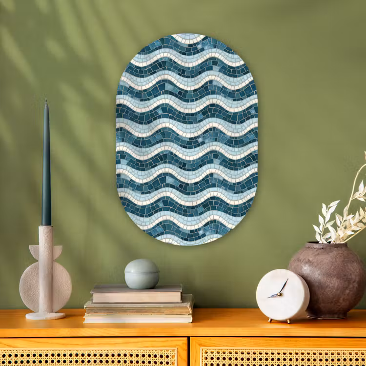 Blauw - Wit - Mozaïek - Golvend Wandcirkel Ovaal Forex klein 630 -sfeer2