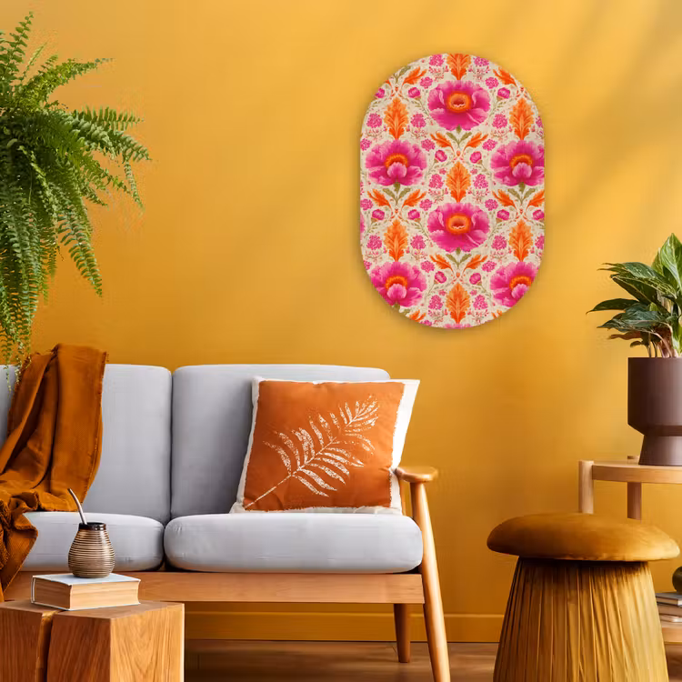 Bloemen - Barok - Roze - Oranje Wandcirkel Ovaal Forex klein 630 -sfeer4