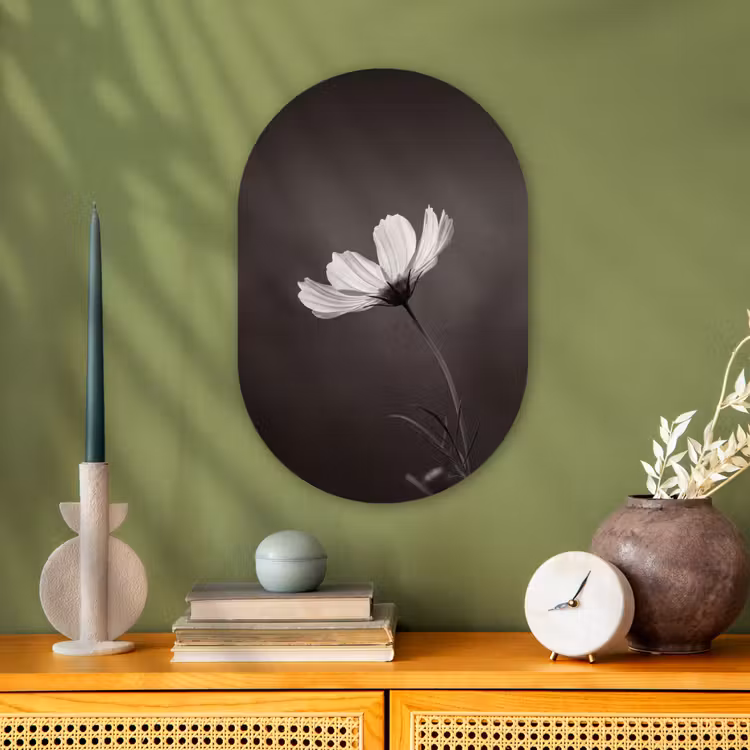 Bloem - Minimalistisch - Zwart - Wit Wandcirkel Ovaal Forex klein -sfeer2