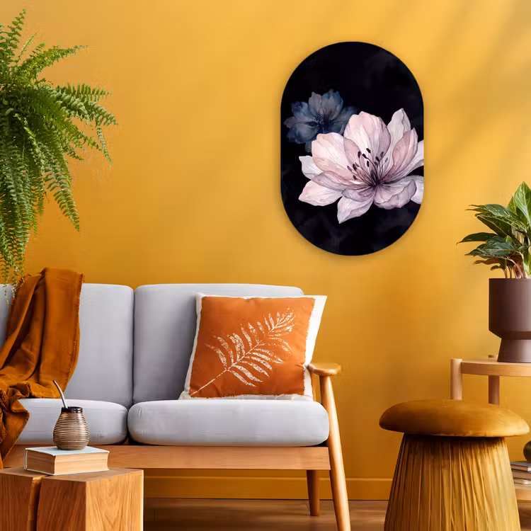 Bloemen - Aquarel - Modern - Roze - Donker Wandcirkel Ovaal Forex klein -sfeer4