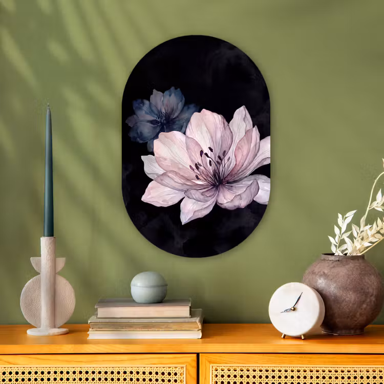 Bloemen - Aquarel - Modern - Roze - Donker Wandcirkel Ovaal Forex klein -sfeer2