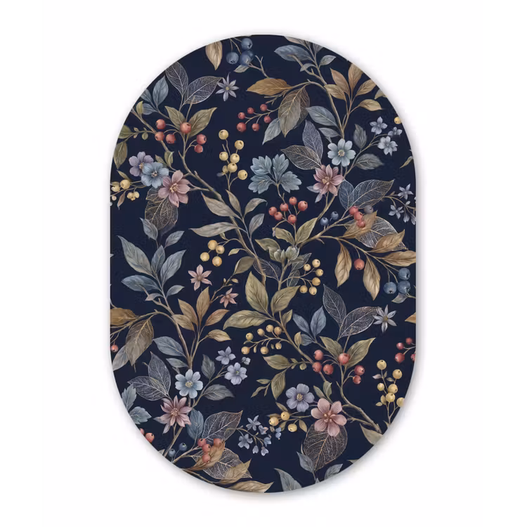 Bloemen - Bladeren - Patroon - Botanisch - Donkerblauw Wandcirkel Ovaal Forex klein -3d
