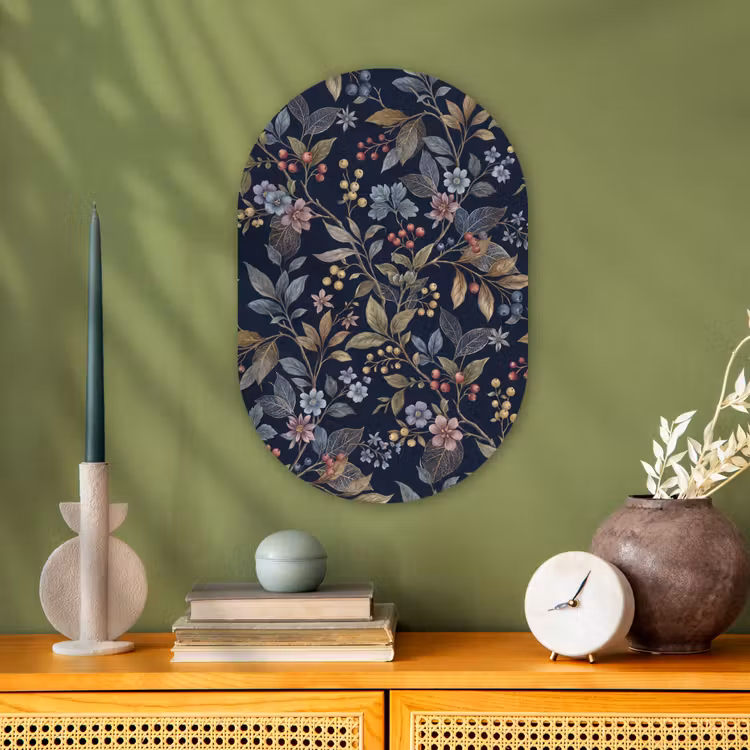 Bloemen - Bladeren - Patroon - Botanisch - Donkerblauw Wandcirkel Ovaal Forex klein -sfeer2