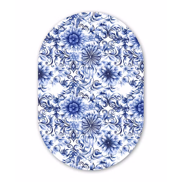 Bloemen - Blauw - Patroon - Wit Wandcirkel Ovaal Forex klein 630 -3d