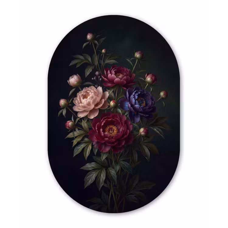 Bloemen - Boeket - Natuur - Modern - Donker Wandcirkel Ovaal Forex klein -3d