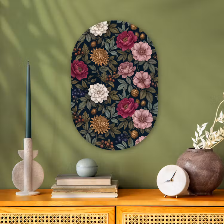 Bloemen - Botanisch - Illustratie - Donker - Vintage Wandcirkel Ovaal Forex klein -sfeer2