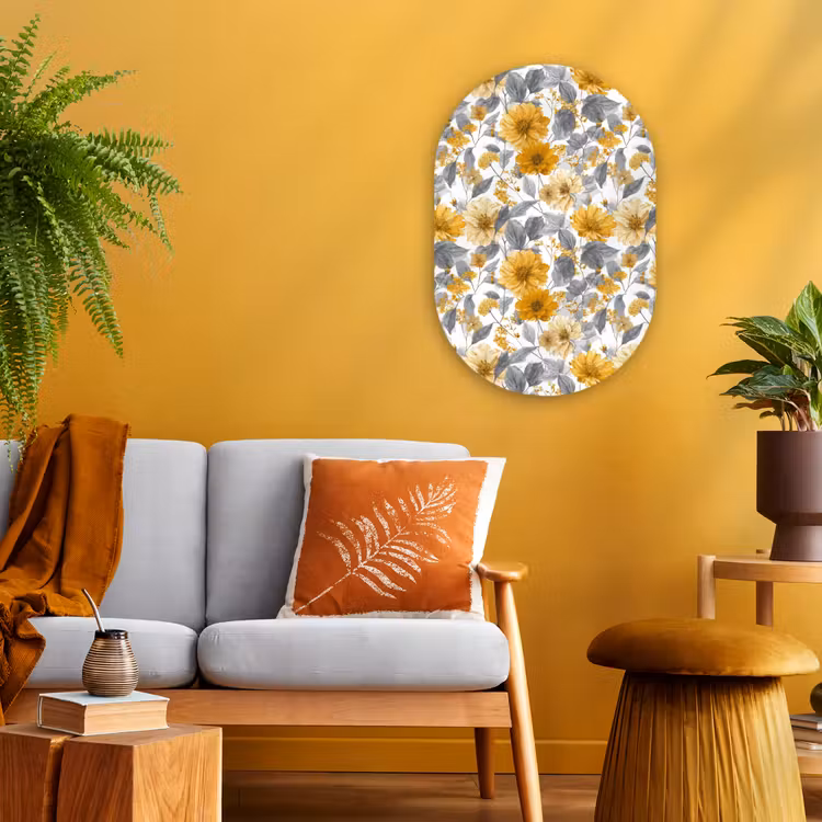 Bloemen - Botanisch - Elegant - Okergeel - Grijs Wandcirkel Ovaal Forex klein 630 -sfeer4