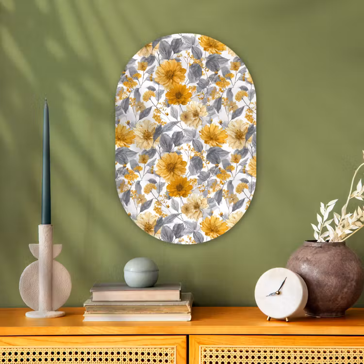 Bloemen - Botanisch - Elegant - Okergeel - Grijs Wandcirkel Ovaal Forex klein 630 -sfeer2