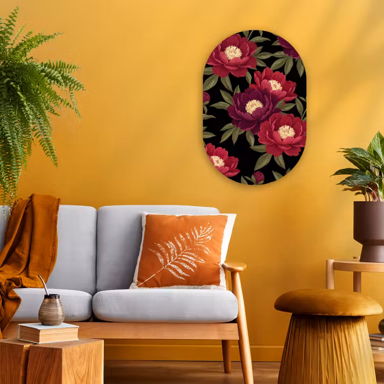 Bloemen - Patroon - Botanisch - Rood - Zwart Wandcirkel Ovaal Forex klein -sfeer4