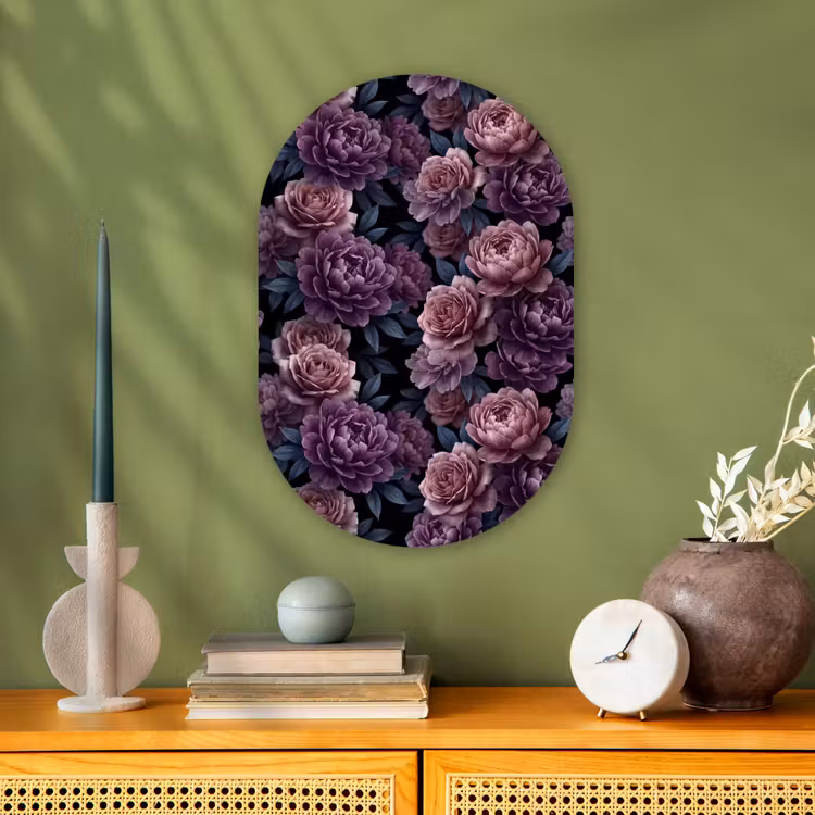Bloemen - Patroon - Donker - Botanisch - Paars Wandcirkel Ovaal Forex klein -sfeer2