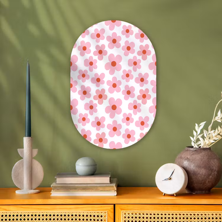 Bloemen - Patroon - Modern - Roze - Wit Wandcirkel Ovaal Forex klein -sfeer2