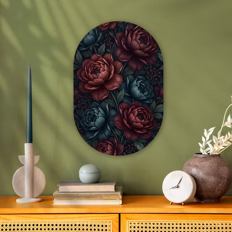 Bloemen - Patroon - Natuur - Klassiek - Donker Wandcirkel Ovaal Forex klein -sfeer2