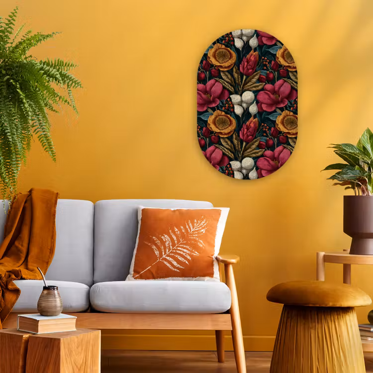 Bloemen - Patroon - Rood - Goud Wandcirkel Ovaal Forex klein 630 -sfeer4