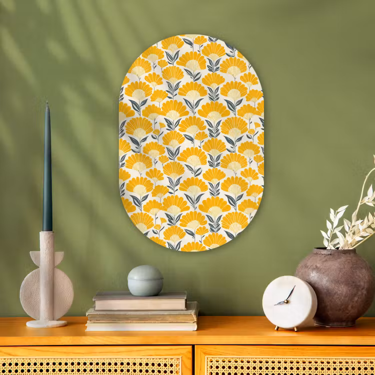 Bloemen - Retro - Botanisch - Okergeel - Grijs Wandcirkel Ovaal Forex klein 630 -sfeer2