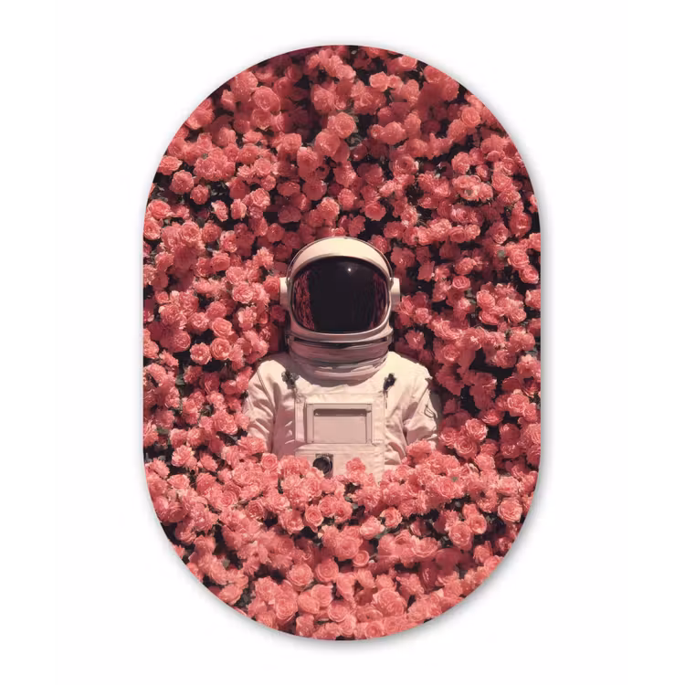 Bloemen - Roze - Astronaut Wandcirkel Ovaal Forex klein -3d