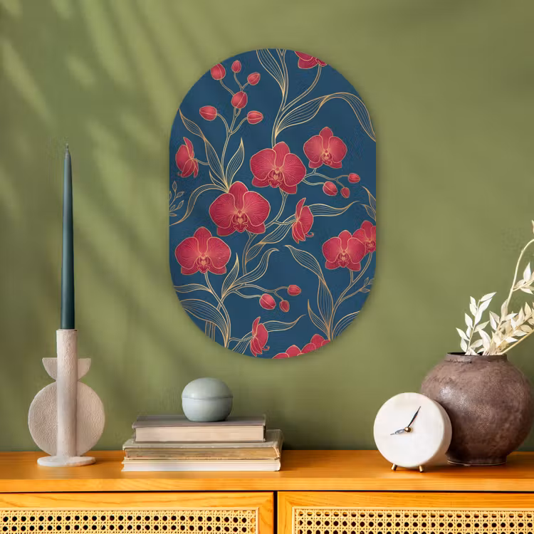 Forexbild Oval - Blumen – Rot – Gold - Bloemen - Rood - Goud Wandcirkel Ovaal Forex klein