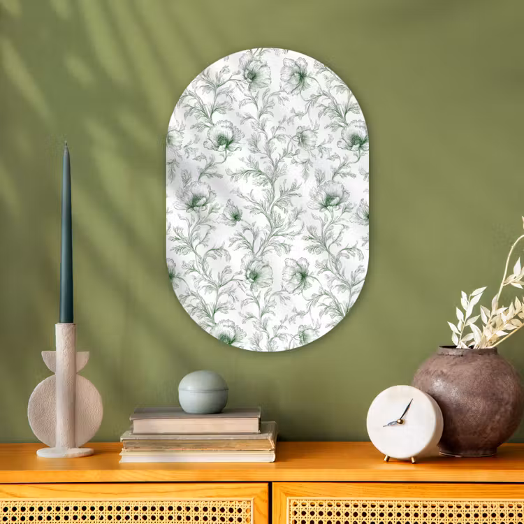 Bloemen - Getekend - Groen Wandcirkel Ovaal Forex klein 630 -sfeer2