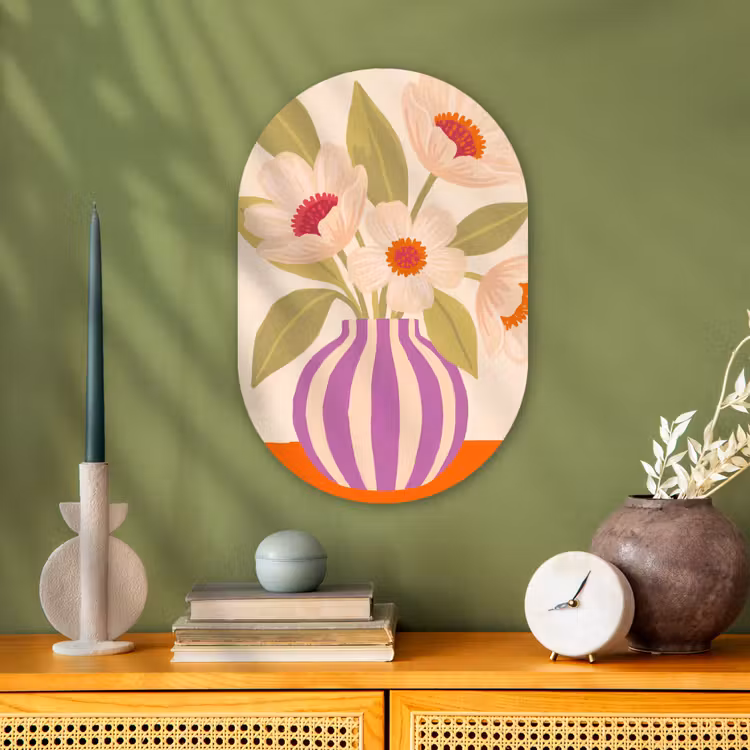Bloemen - Vaas - Abstract - Paars - Oranje Wandcirkel Ovaal Forex klein -sfeer2